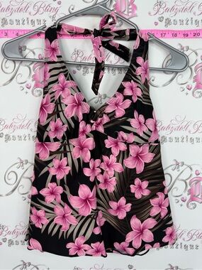 Hawaii tankini top swim pool Floral Halter Tank Top - Pink on Black